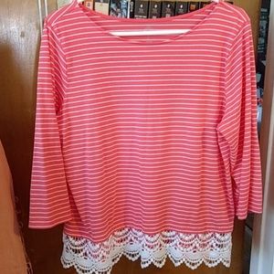 Striped 3/4 sleeve crocheted lace front hem detail